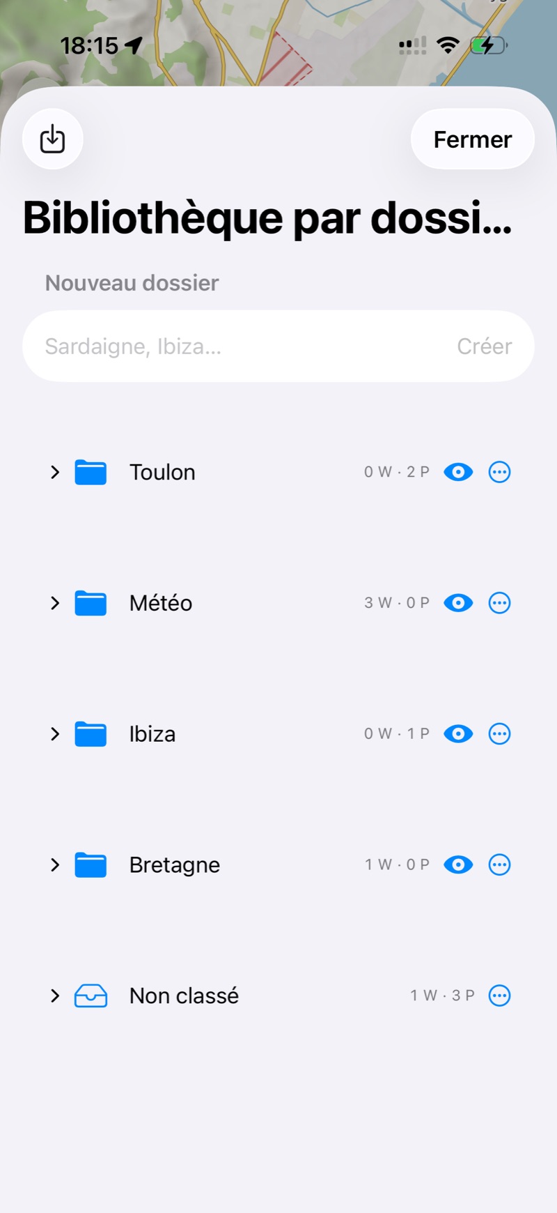 La bibliothèque regroupe vos parcours et waypoints dans des dossiers.