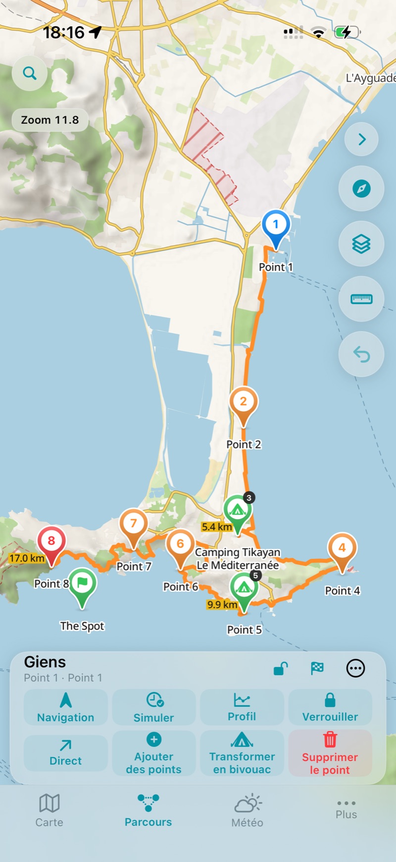 Parcours déverrouillé : les actions d’édition apparaissent sous Navigation, Simuler, Profil et Verrouiller.