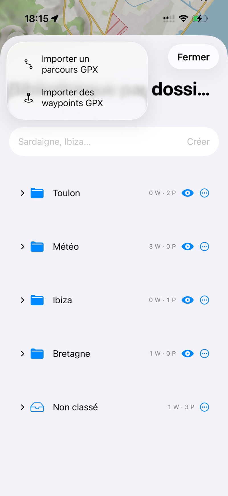 Le bouton Importer propose un parcours GPX ou des waypoints GPX.