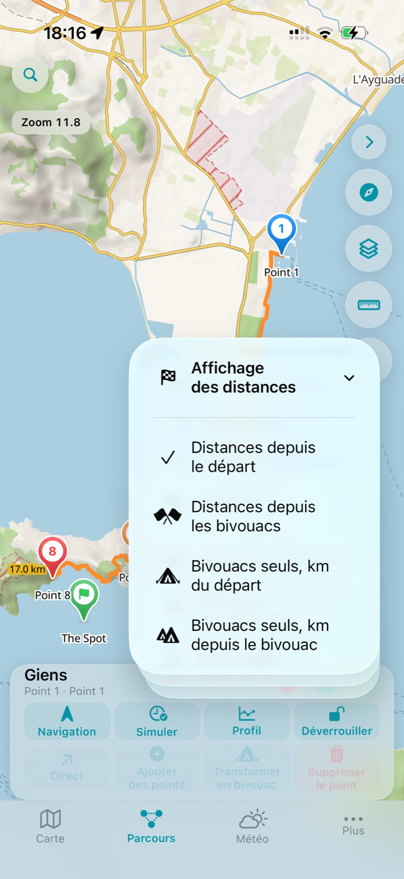 Les quatre modes d’affichage des distances.