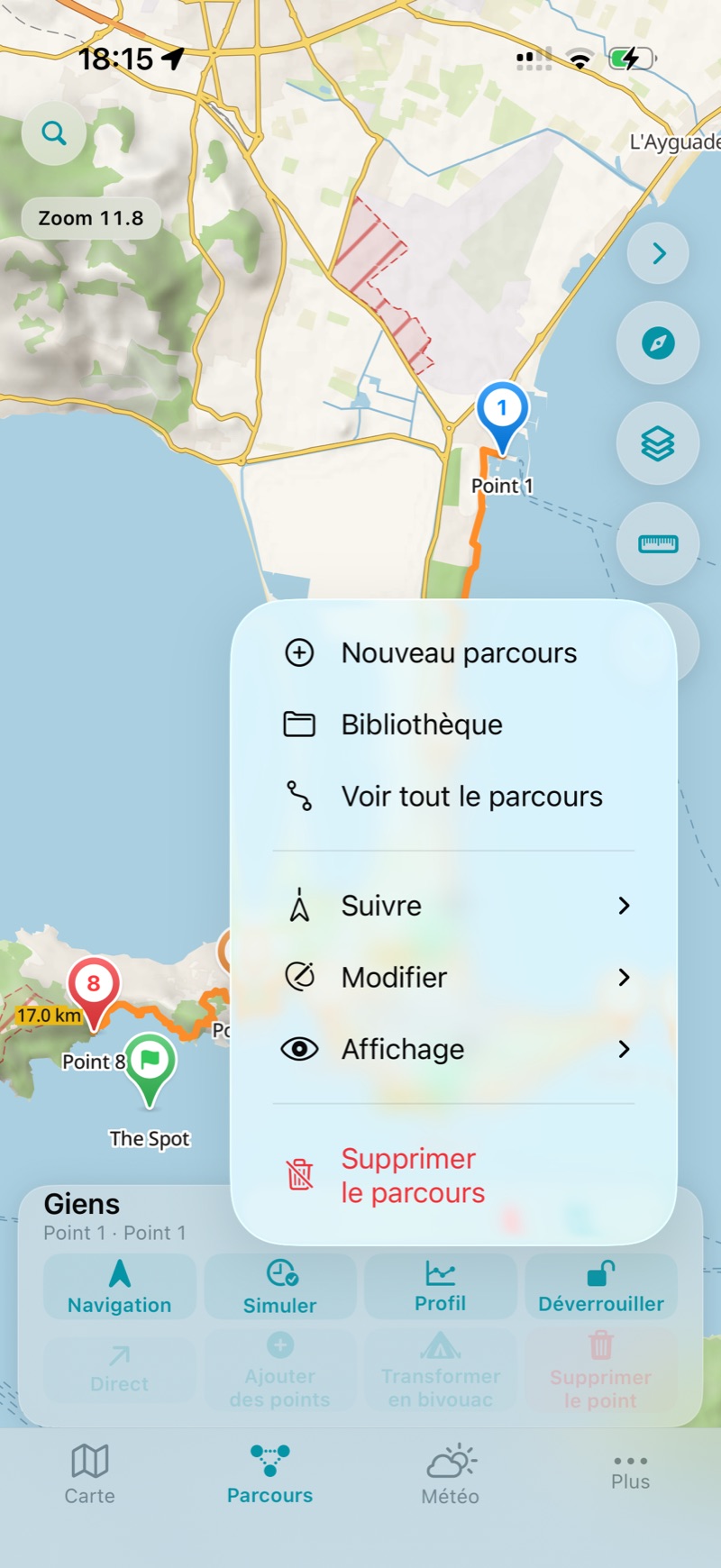 Le menu du parcours et ses sous-menus.