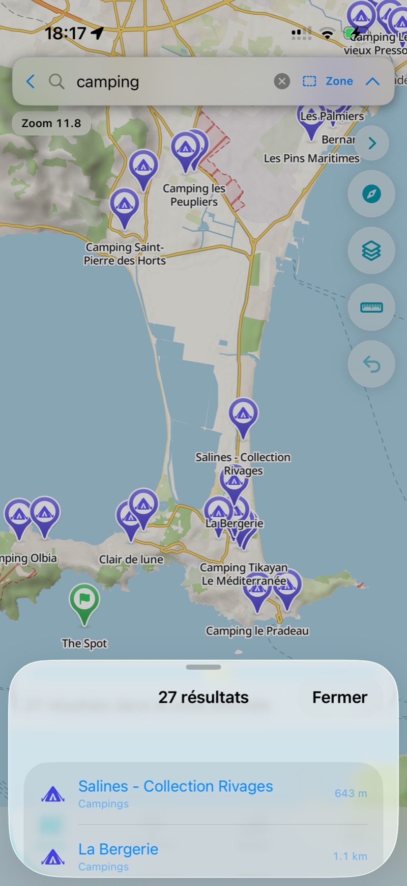 Les campings disponibles apparaissent directement sur la carte.