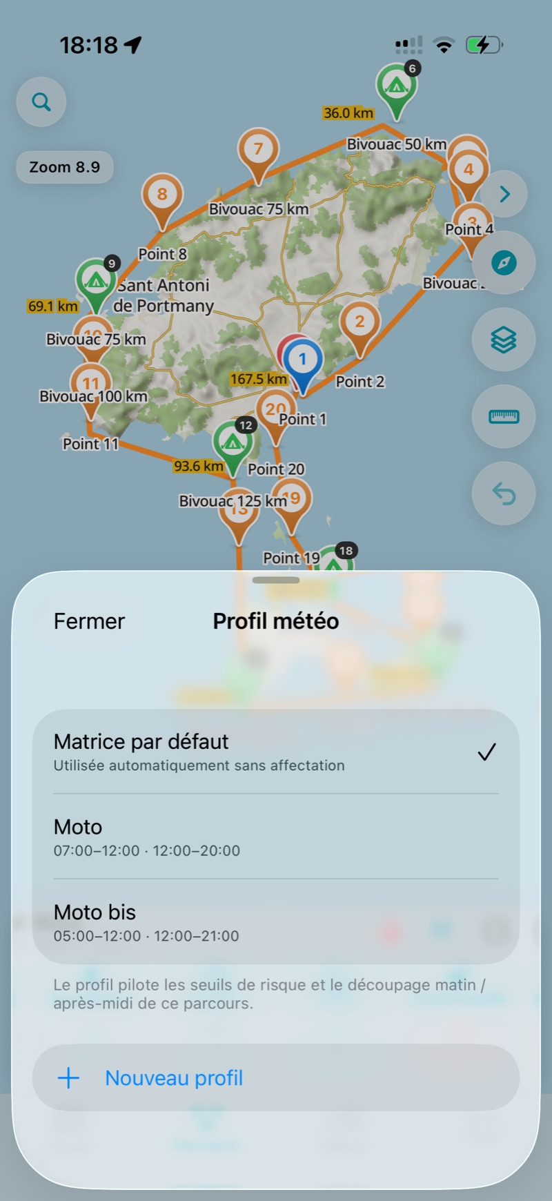 Choisir le profil météo du parcours.