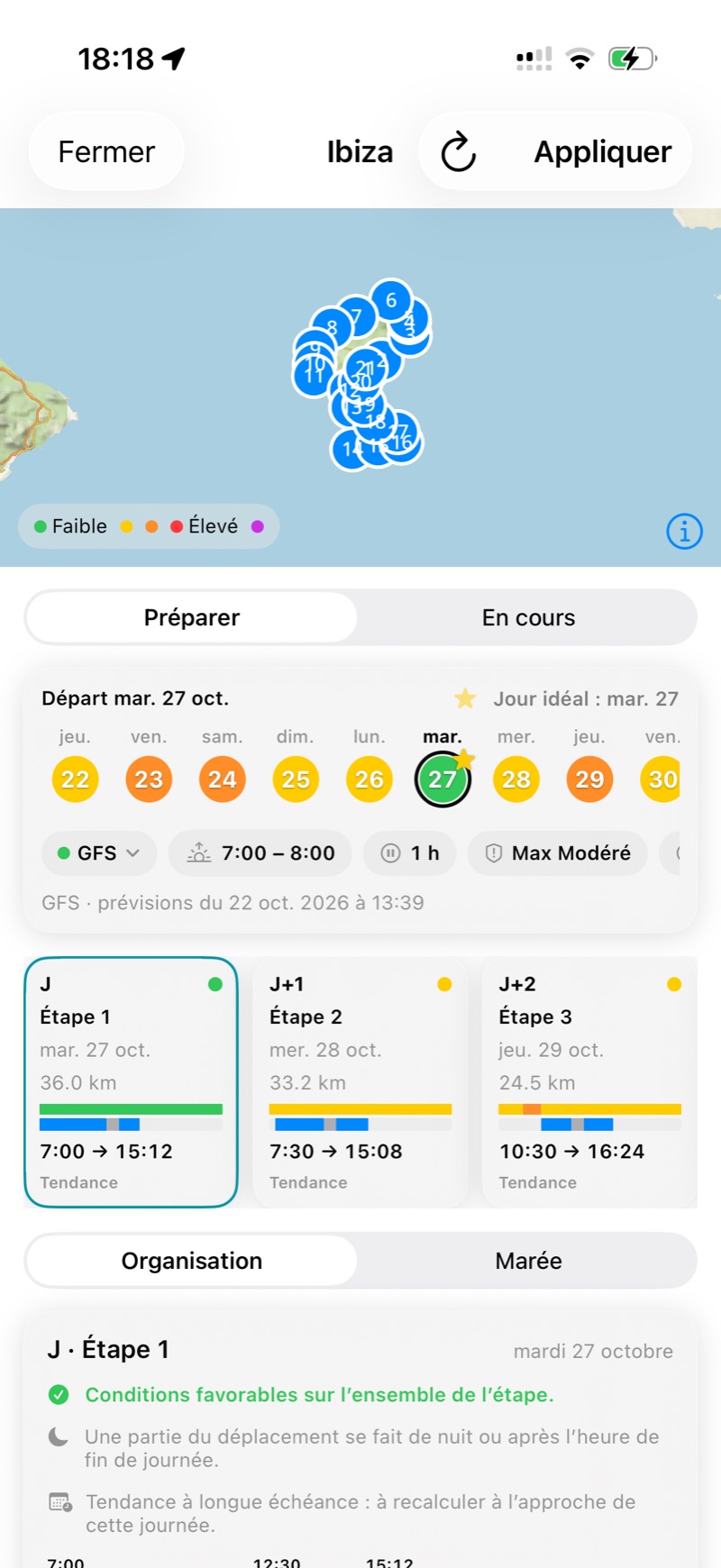 Le ruban de jours : une pastille colorée par jour de départ, étoile sur le jour idéal.