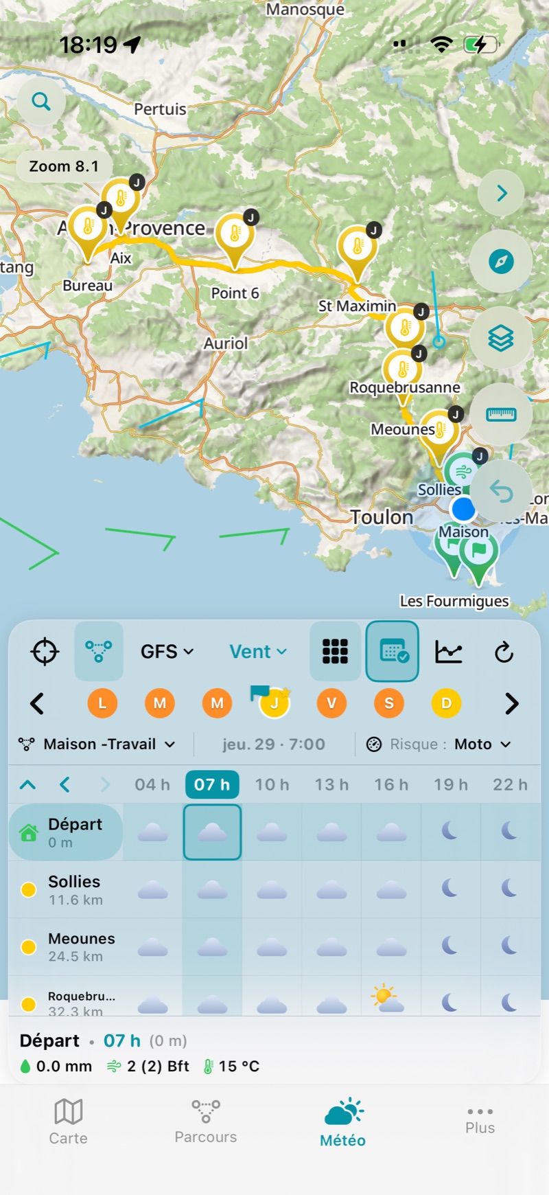 Le jour retenu est marqué d’une étoile dans le ruban et le parcours est recalculé.