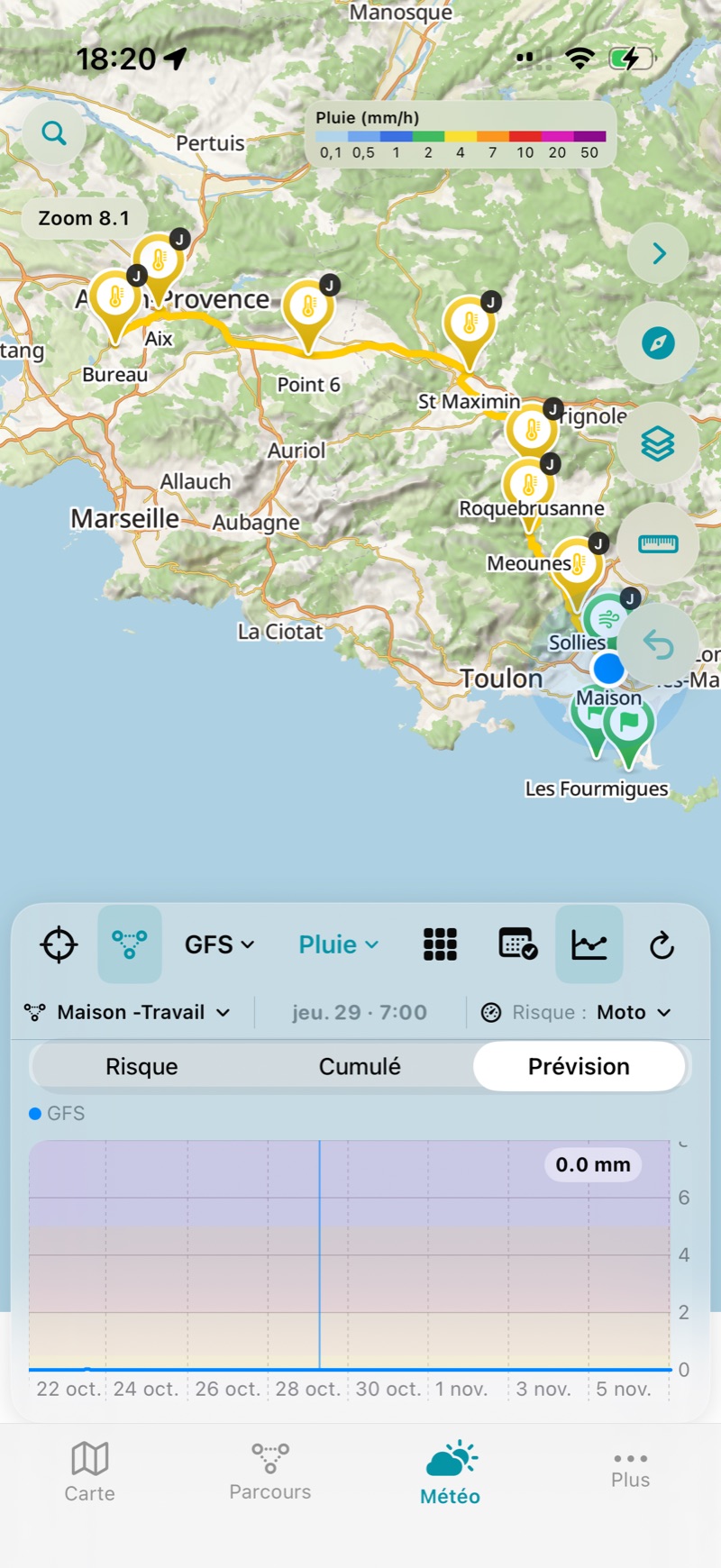Couche Pluie sur la carte, avec la légende des intensités en mm/h en haut.