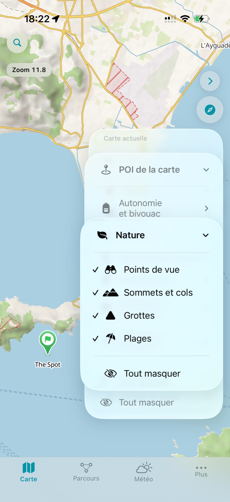 Le sous-menu Nature : points de vue, sommets et cols, grottes, plages.