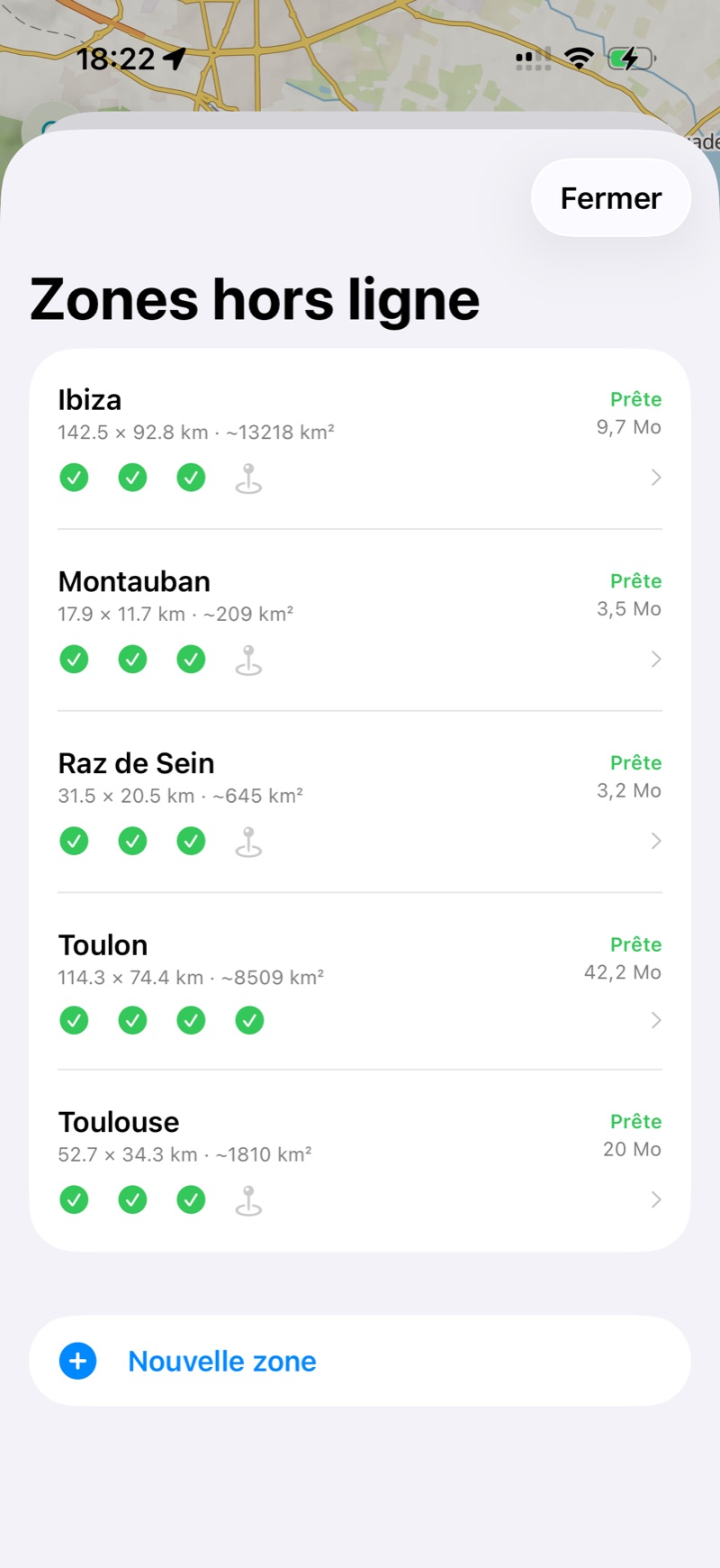 Préférences → Hors ligne → Zones : vos zones hors ligne, leur état et leur taille.