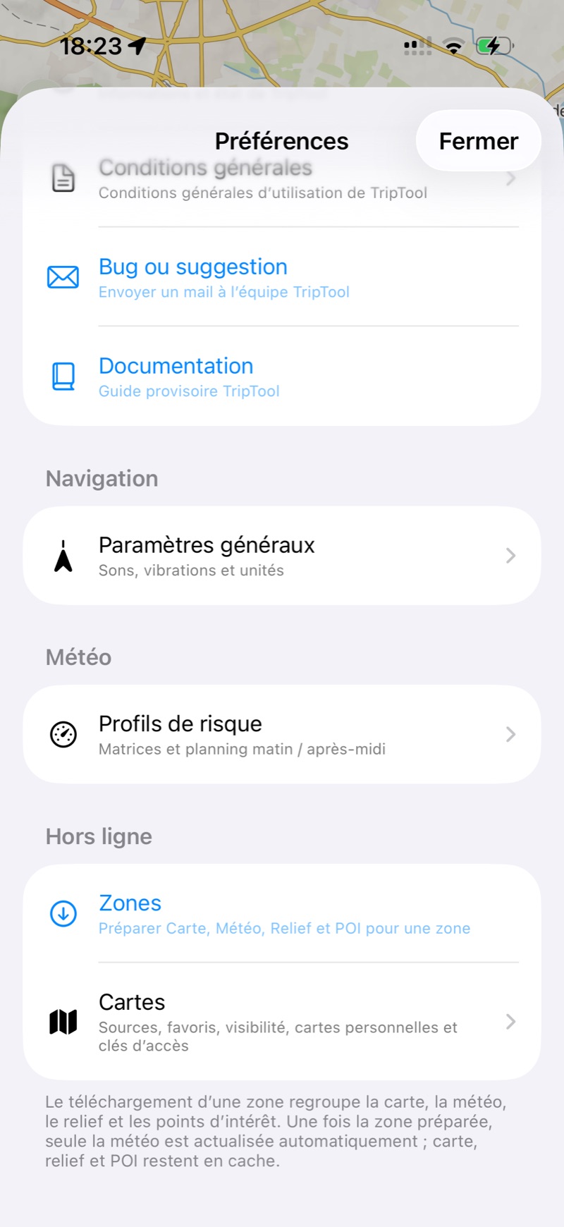 Les Préférences : À propos, Bug ou suggestion, Documentation, puis les réglages.