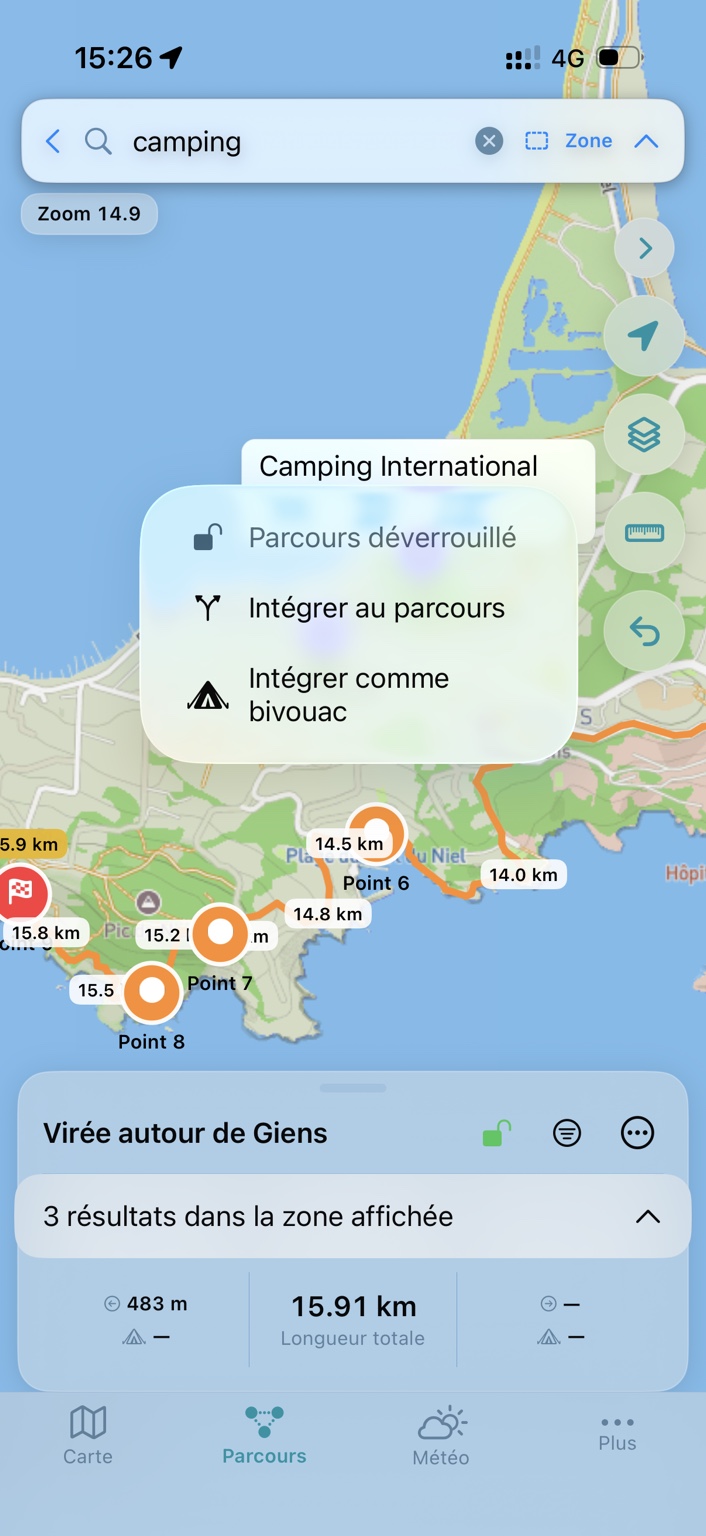 Choisissez « Intégrer au parcours » ou « Intégrer comme bivouac ».
