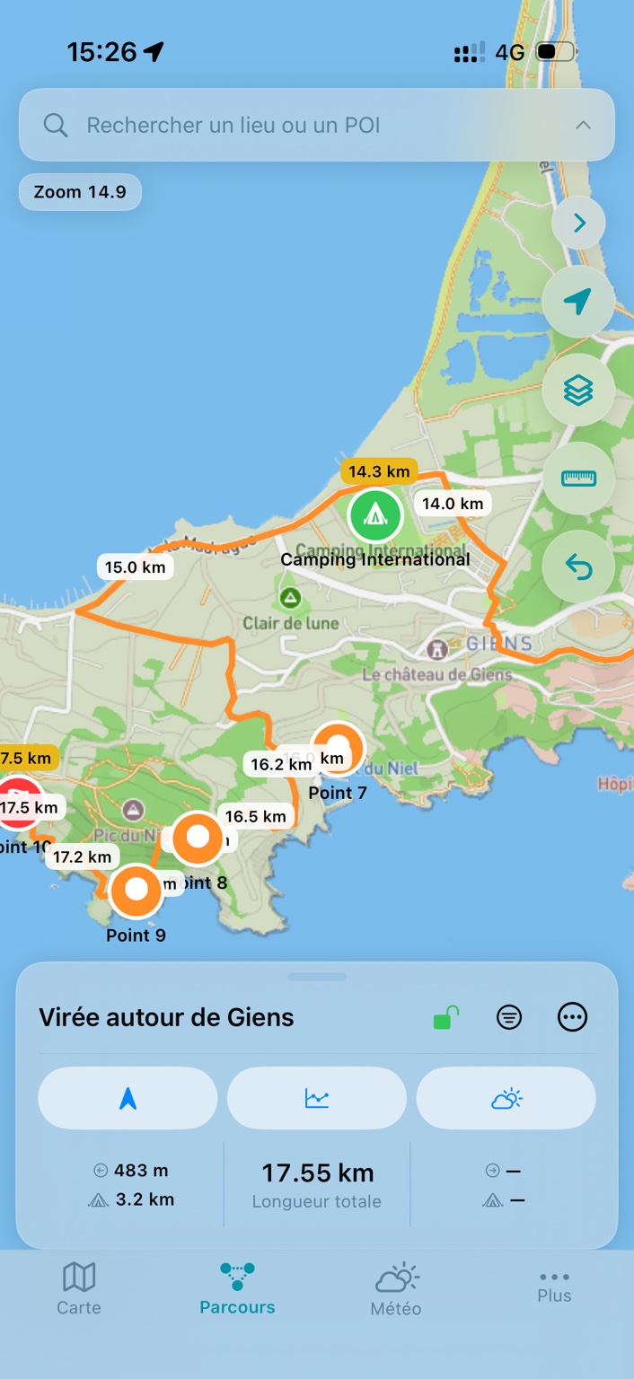 Le tracé passe maintenant par le camping ; la longueur du parcours est automatiquement mise à jour.