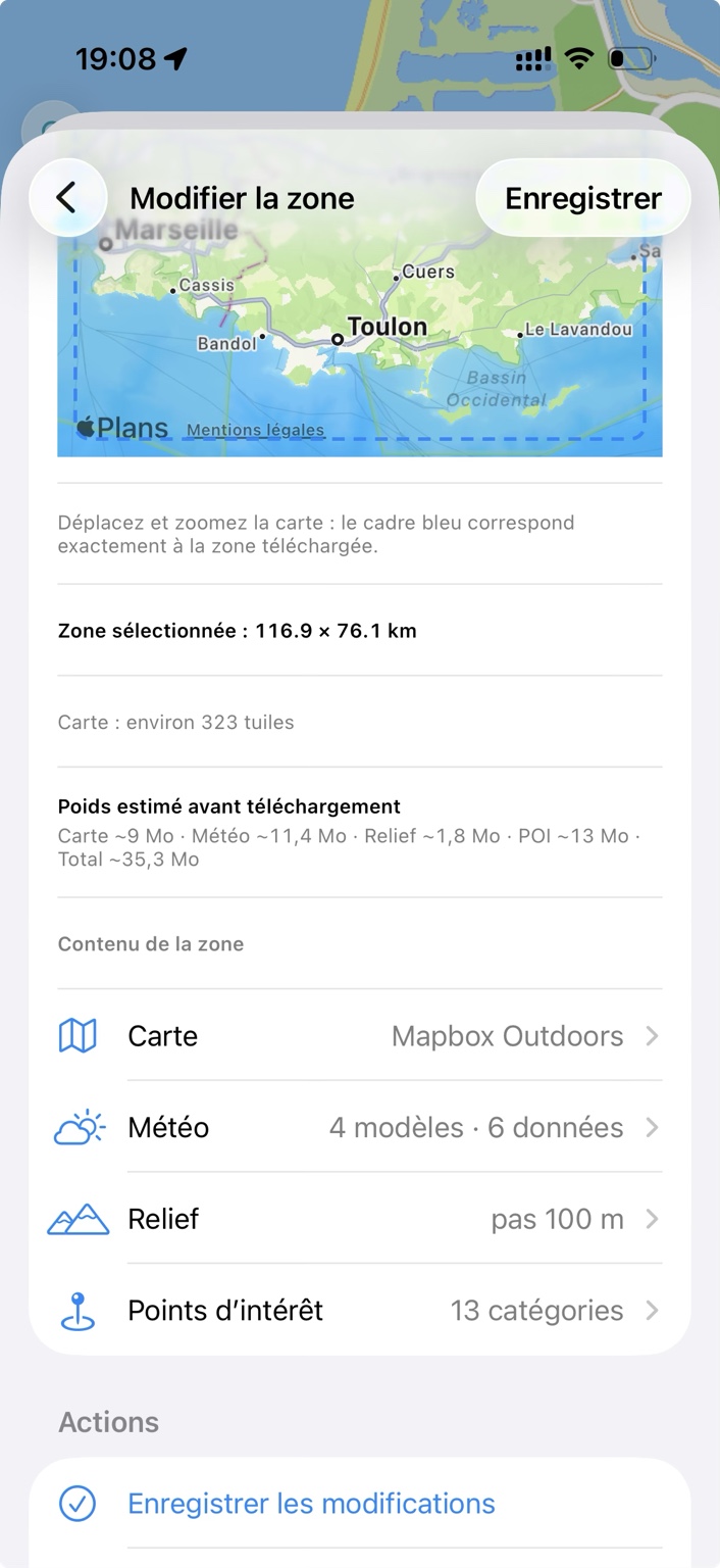 Choisissez ce que vous voulez emporter : carte, météo, relief et points d’intérêt.