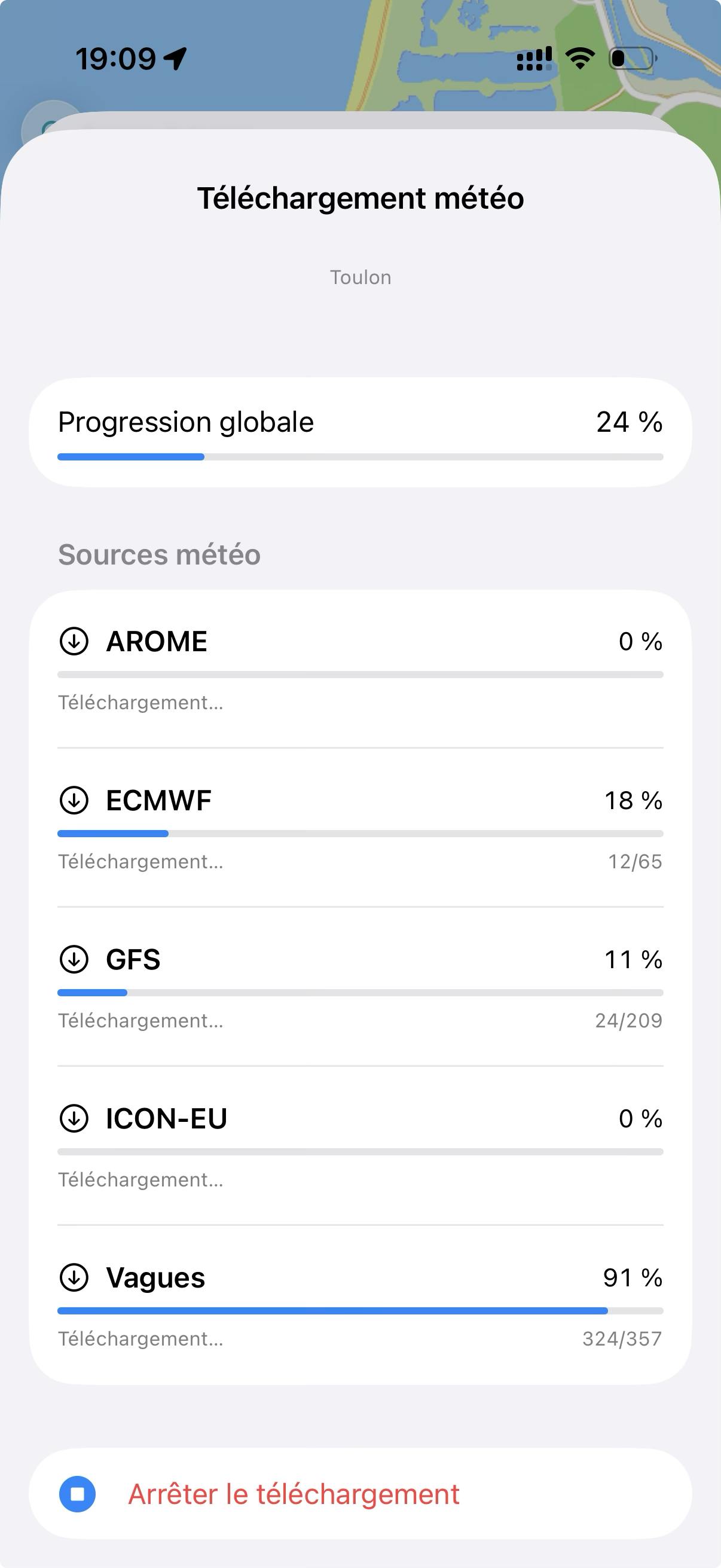 Progression du téléchargement météo.