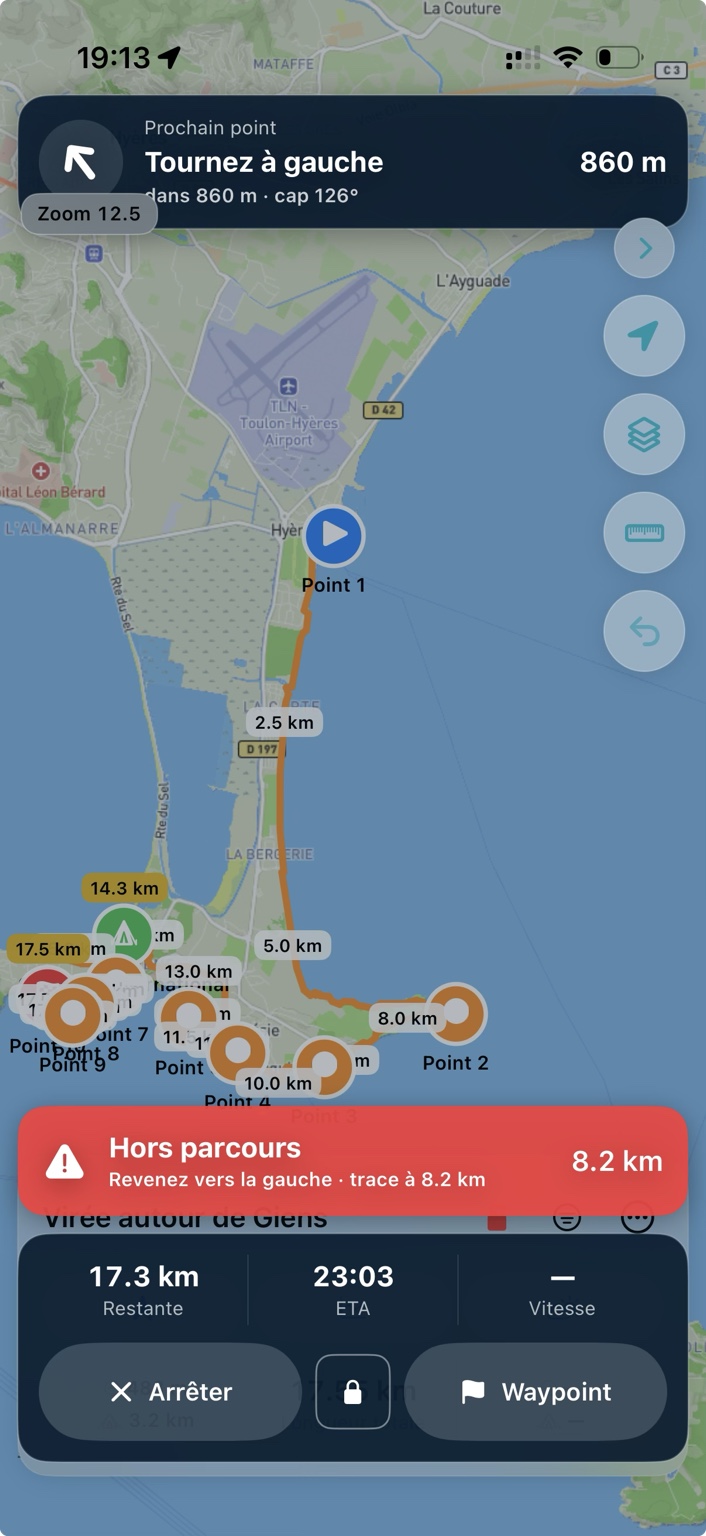 Si vous quittez la trace, TripTool vous avertit et indique comment rejoindre le parcours.